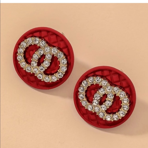 NEW Red & Rhinestone Round Decor Earrings - Picture 3 of 3